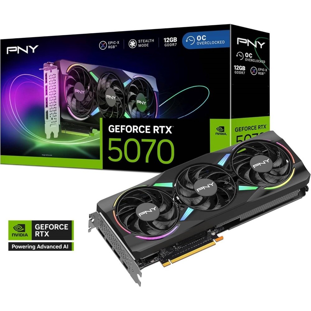 PNY GeForce RTX 5070 ARGB EPIC-X RGB OC Triple Fan GPU 12GB GDDR7 192-Bit Memory 2.16 GHz Base Clock 28 Gbps Memory Speed 6144 CUDA Cores PCI-Express 5.0