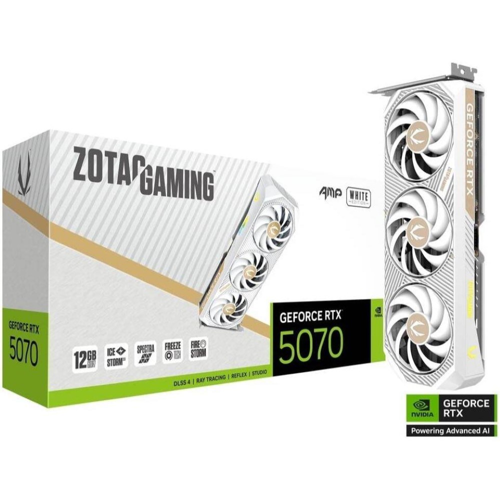 ZOTAC GAMING GeForce RTX 5070 AMP White Edition DLSS 4 12GB GDDR7 192-bit 28 Gbps PCIe 5.0 Gaming PCI Express 5.0 x16 GPU